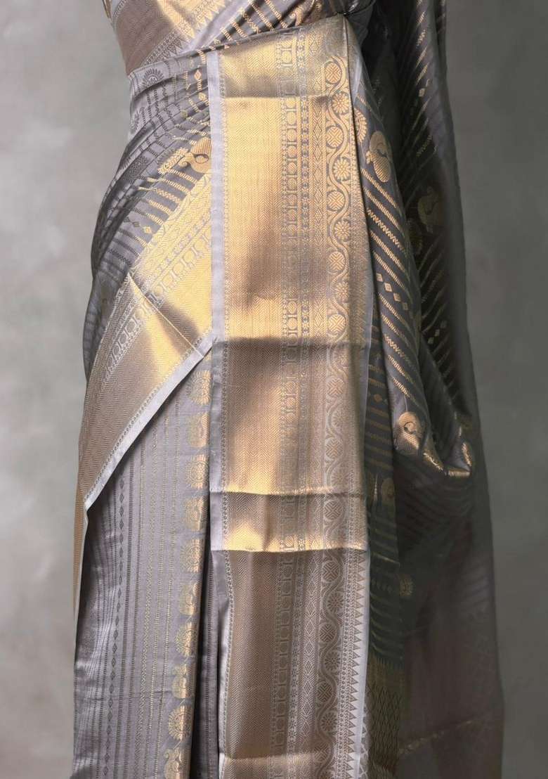 Grey Banarasi Silk Saree With Traditional Woven Design For Women - Indya