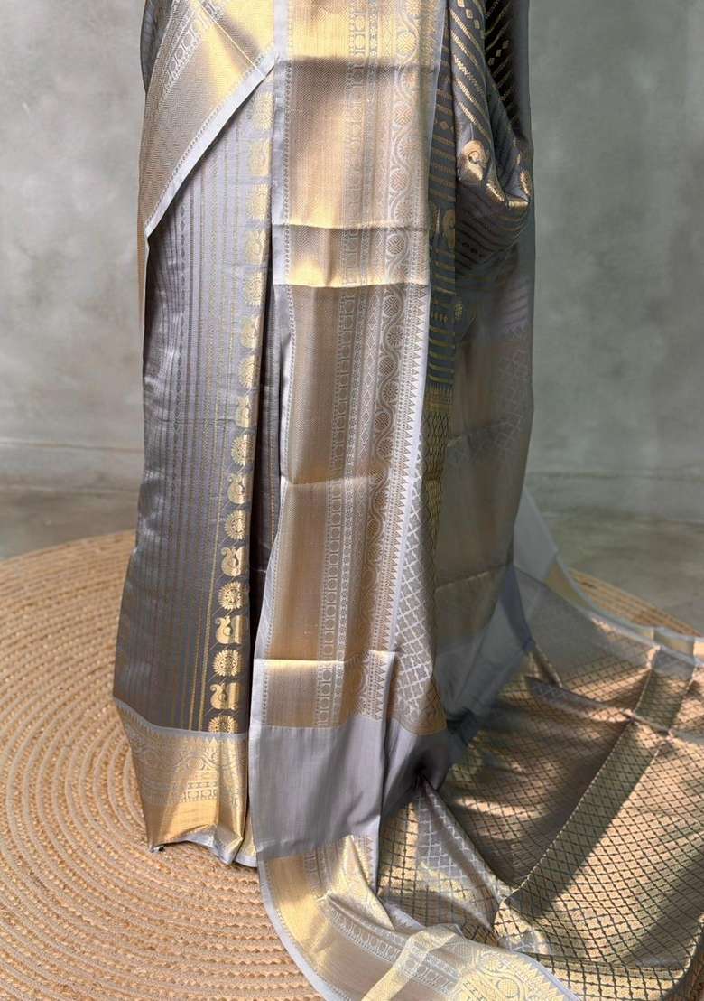 Grey Banarasi Silk Saree With Traditional Woven Design For Women - Indya