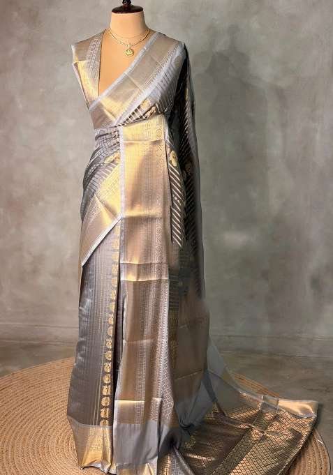 Grey Banarasi Silk Saree With Traditional Woven Design For Women