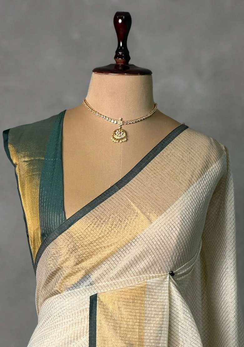 Off White And Green Chanderi Silk Silk Cotton Saree With Traditional Woven Design For Women - Indya