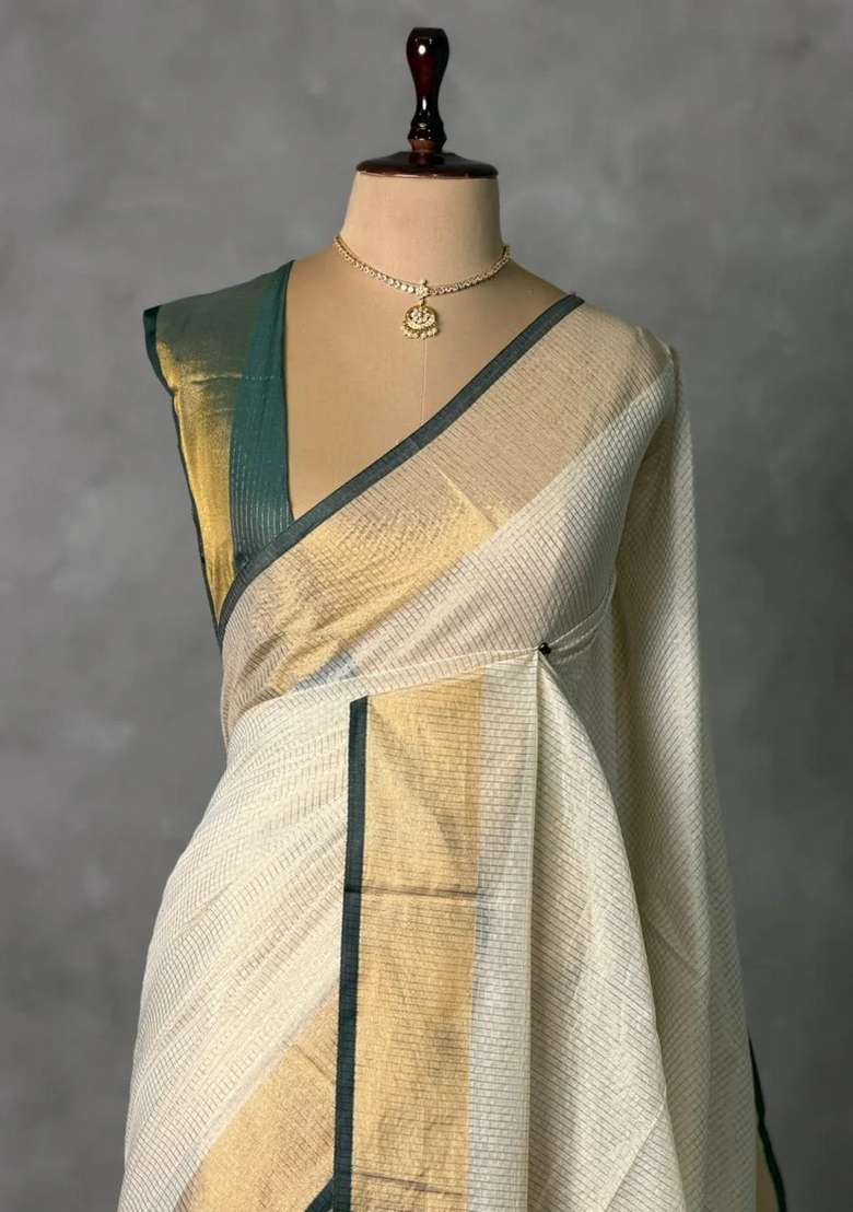 Off White And Green Chanderi Silk Silk Cotton Saree With Traditional Woven Design For Women - Indya