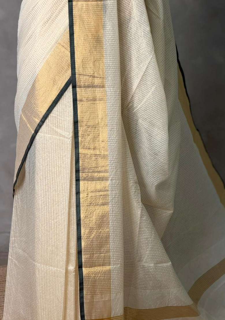 Off White And Green Chanderi Silk Silk Cotton Saree With Traditional Woven Design For Women - Indya