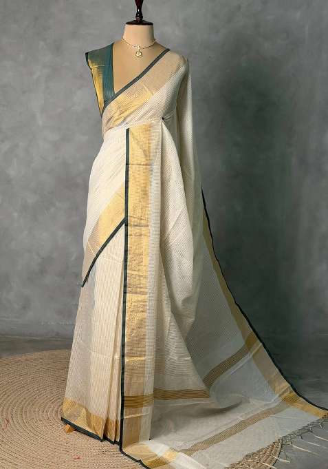Off White And Green Chanderi Silk Silk Cotton Saree With Traditional Woven Design For Women