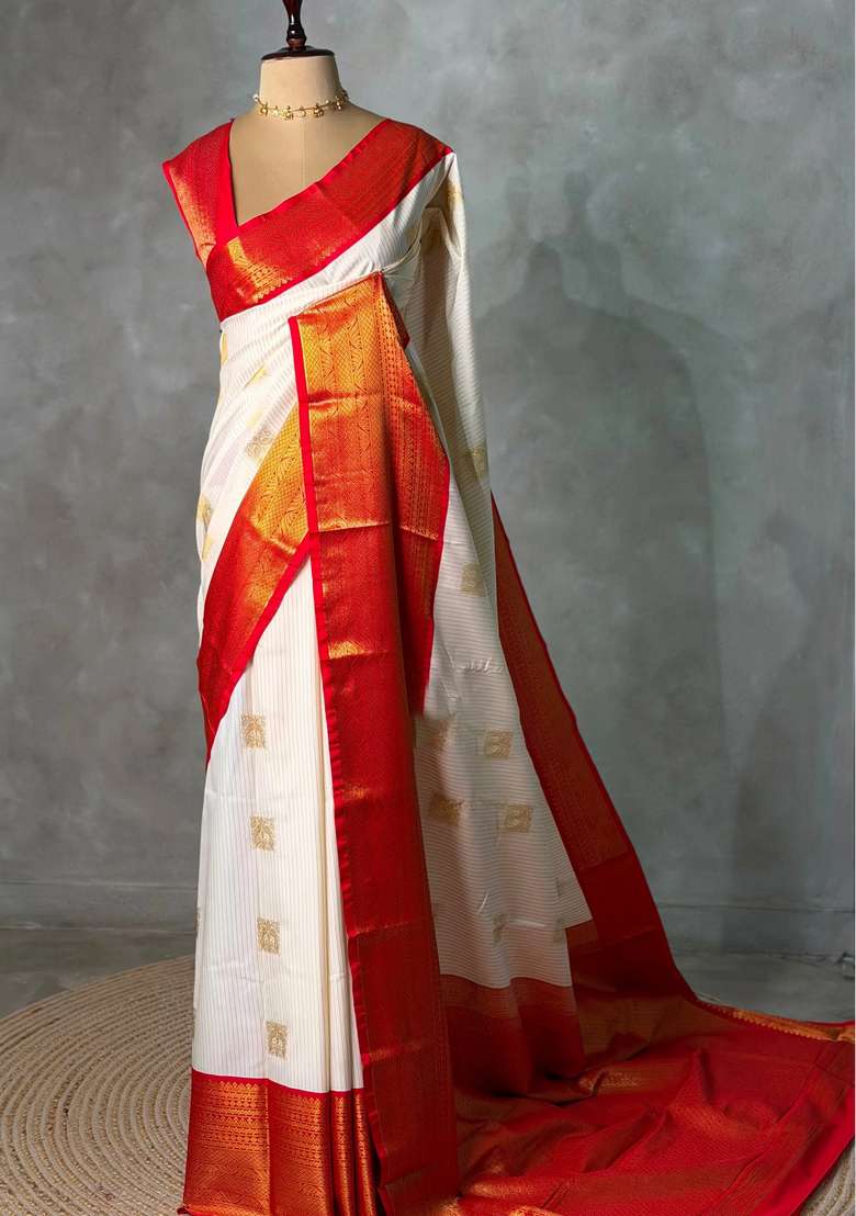 Sandal And Red Pink Kanchipuram Silk Saree With Traditional Woven Design For Women - Indya