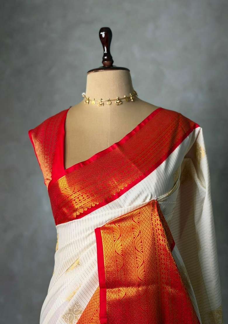 Sandal And Red Pink Kanchipuram Silk Saree With Traditional Woven Design For Women - Indya