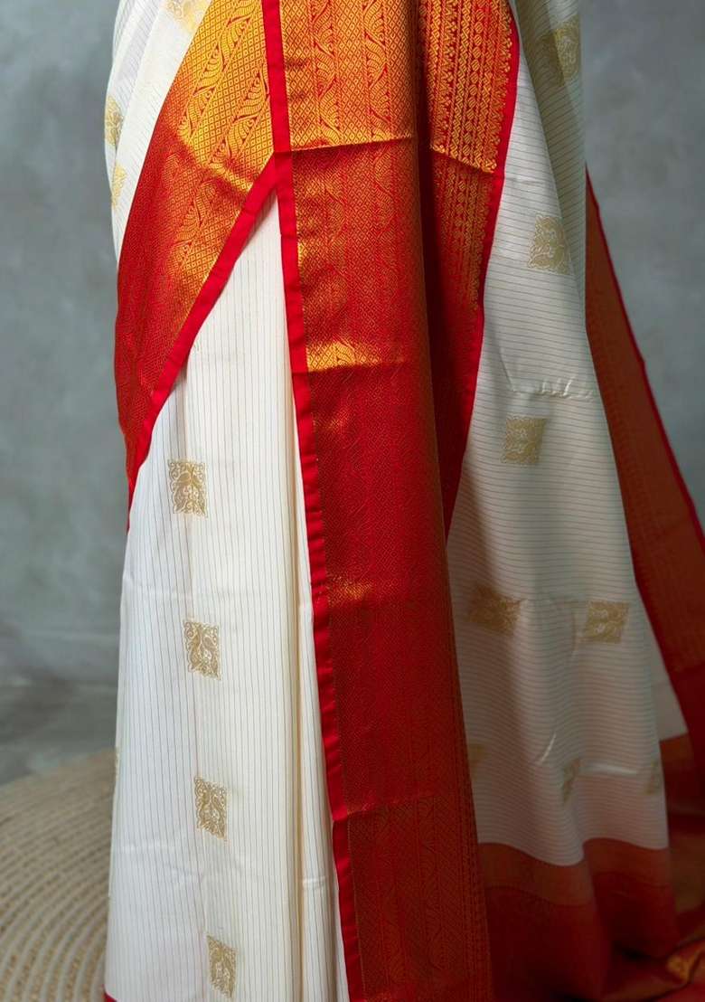 Sandal And Red Pink Kanchipuram Silk Saree With Traditional Woven Design For Women - Indya