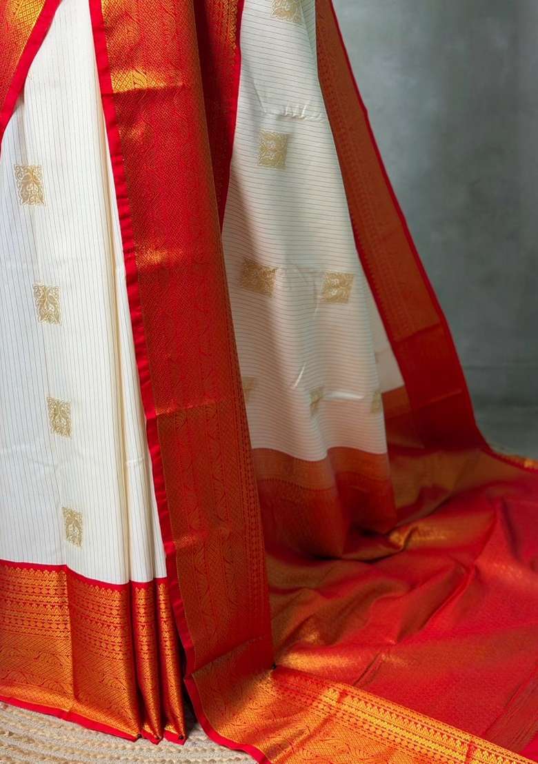 Sandal And Red Pink Kanchipuram Silk Saree With Traditional Woven Design For Women - Indya