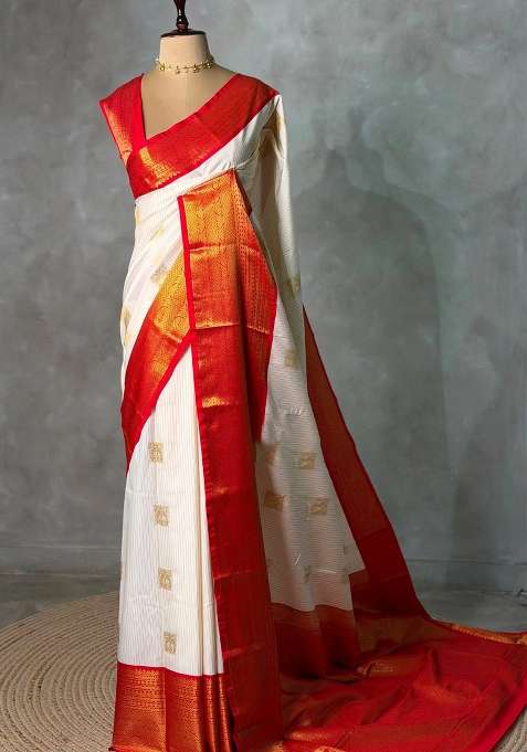Sandal And Red Pink Kanchipuram Silk Saree With Traditional Woven Design For Women