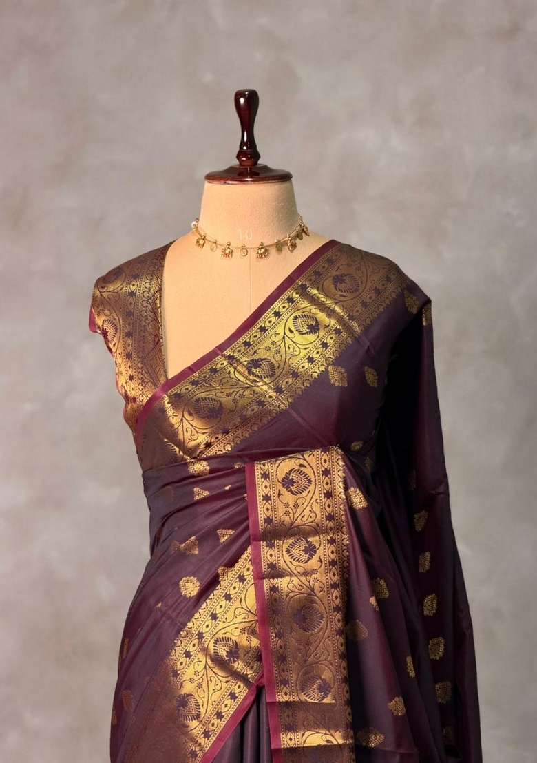 Brown Banarasi Silk Saree With Traditional Woven Design For Women - Indya