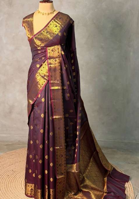 Brown Banarasi Silk Saree With Traditional Woven Design For Women
