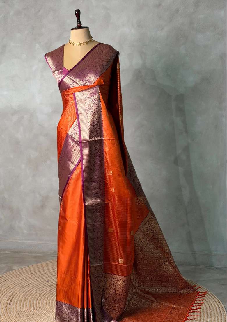 Rust Orange And Purple Silk Saree With Traditional Woven Design For Women - Indya