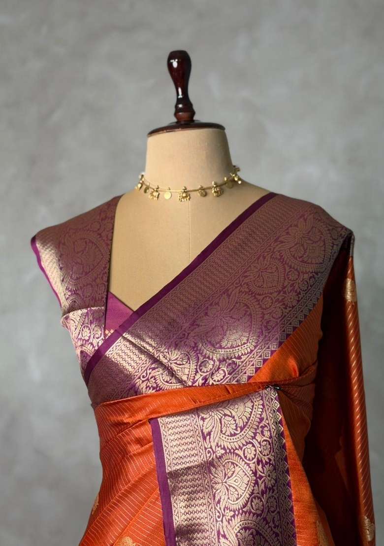 Rust Orange And Purple Silk Saree With Traditional Woven Design For Women - Indya