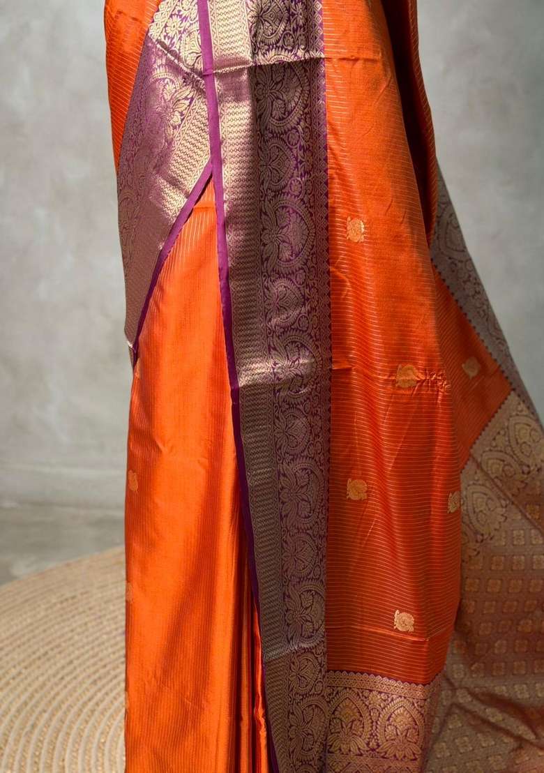 Rust Orange And Purple Silk Saree With Traditional Woven Design For Women - Indya