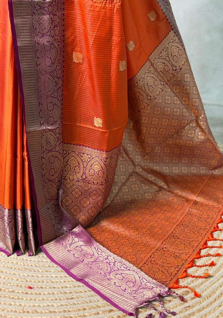 Rust Orange And Purple Silk Saree With Traditional Woven Design For Women - Indya