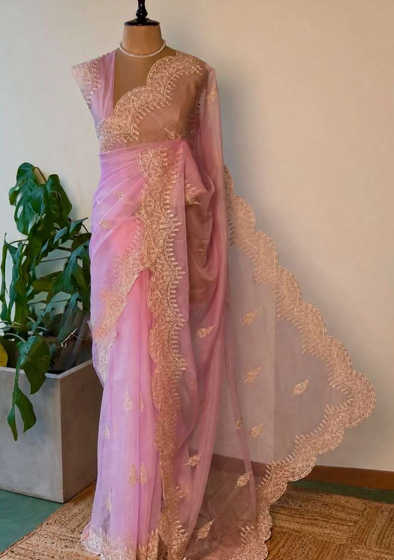 Pink Organza Saree With Traditional Woven Design For Women - Indya