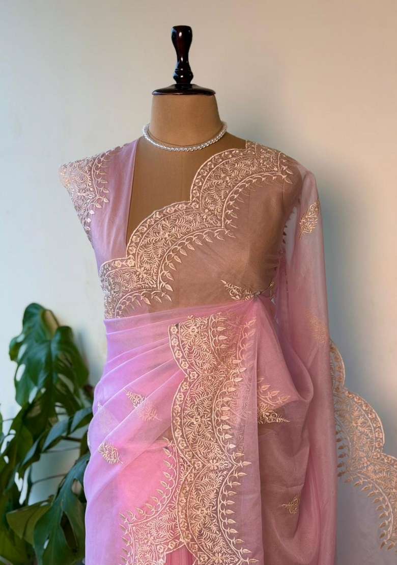 Pink Organza Saree With Traditional Woven Design For Women - Indya
