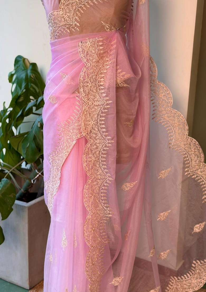 Pink Organza Saree With Traditional Woven Design For Women - Indya