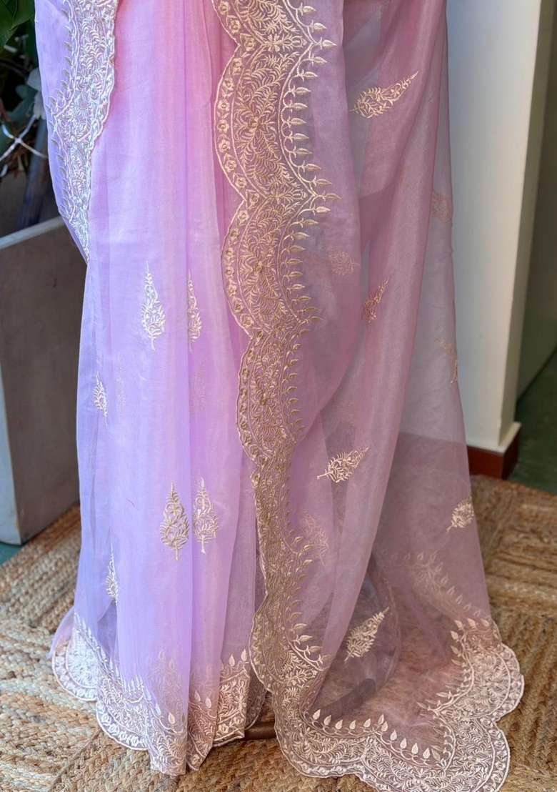 Pink Organza Saree With Traditional Woven Design For Women - Indya