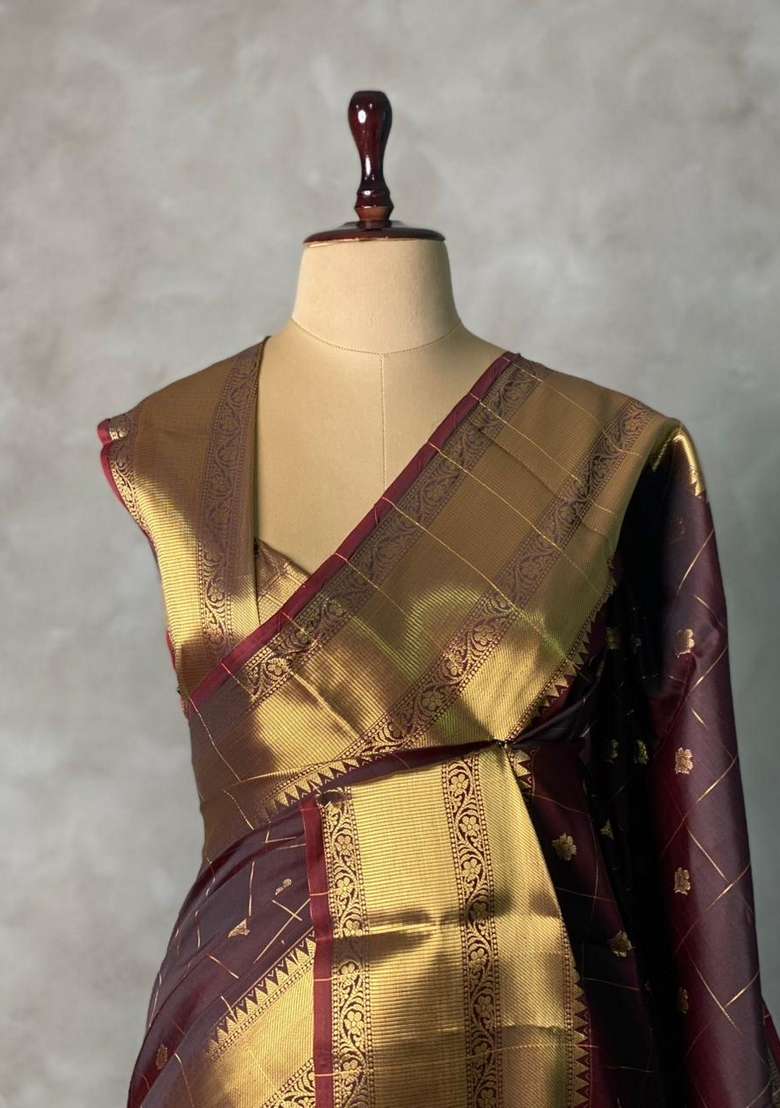 Brown Semi Silk Saree With Traditional Woven Design For Women - Indya