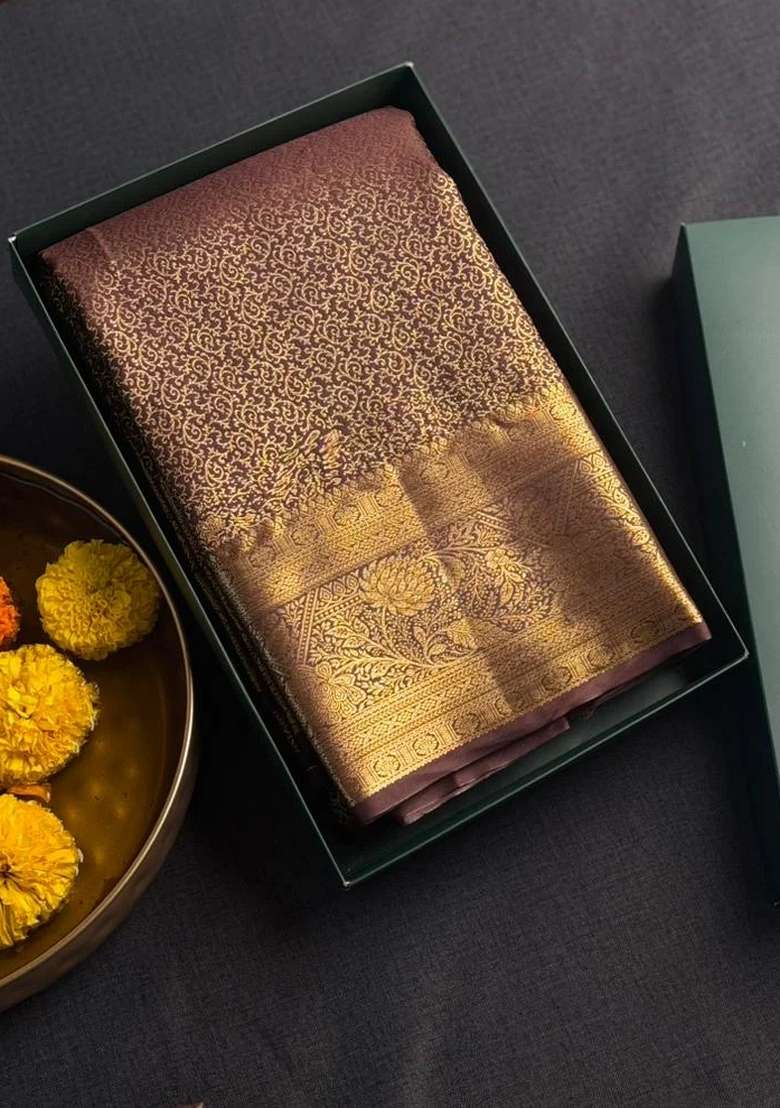 Brown Semi Kanchipuram Art Silk Saree With Traditional Woven Design For Women - Indya