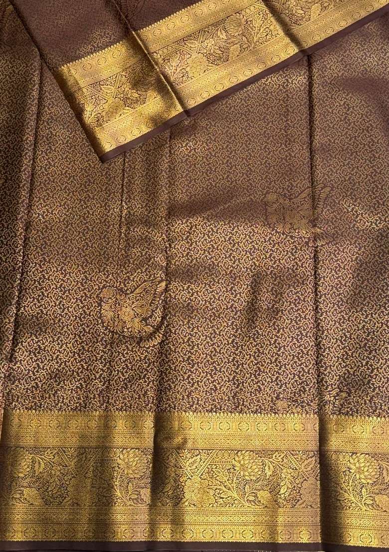 Brown Semi Kanchipuram Art Silk Saree With Traditional Woven Design For Women - Indya