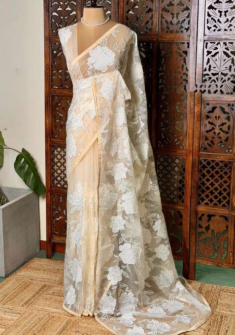 White Pure Organza Silk Saree With Traditional Woven Design For Women