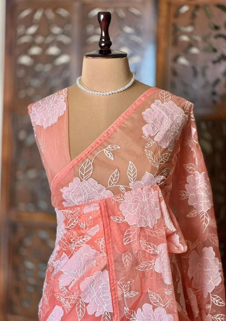 Peach Pure Organza Silk Saree With Traditional Woven Design For Women - Indya