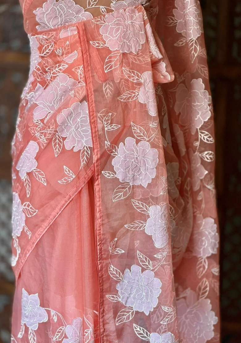 Peach Pure Organza Silk Saree With Traditional Woven Design For Women - Indya