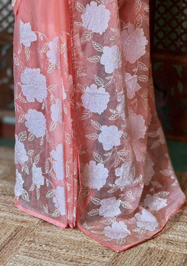 Peach Pure Organza Silk Saree With Traditional Woven Design For Women - Indya