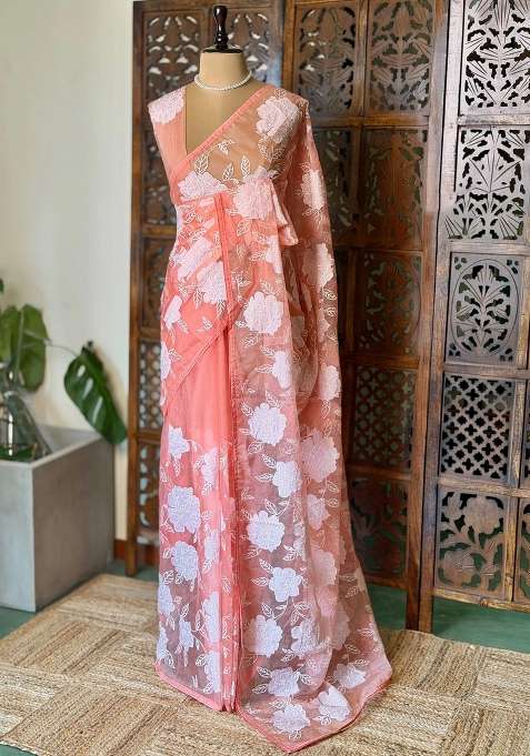 Peach Pure Organza Silk Saree With Traditional Woven Design For Women