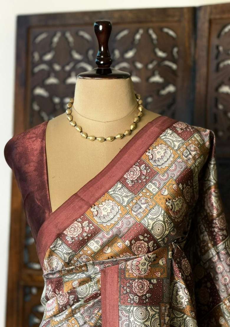 Dark Brown Pure Silk Saree With Traditional Woven Design For Women - Indya
