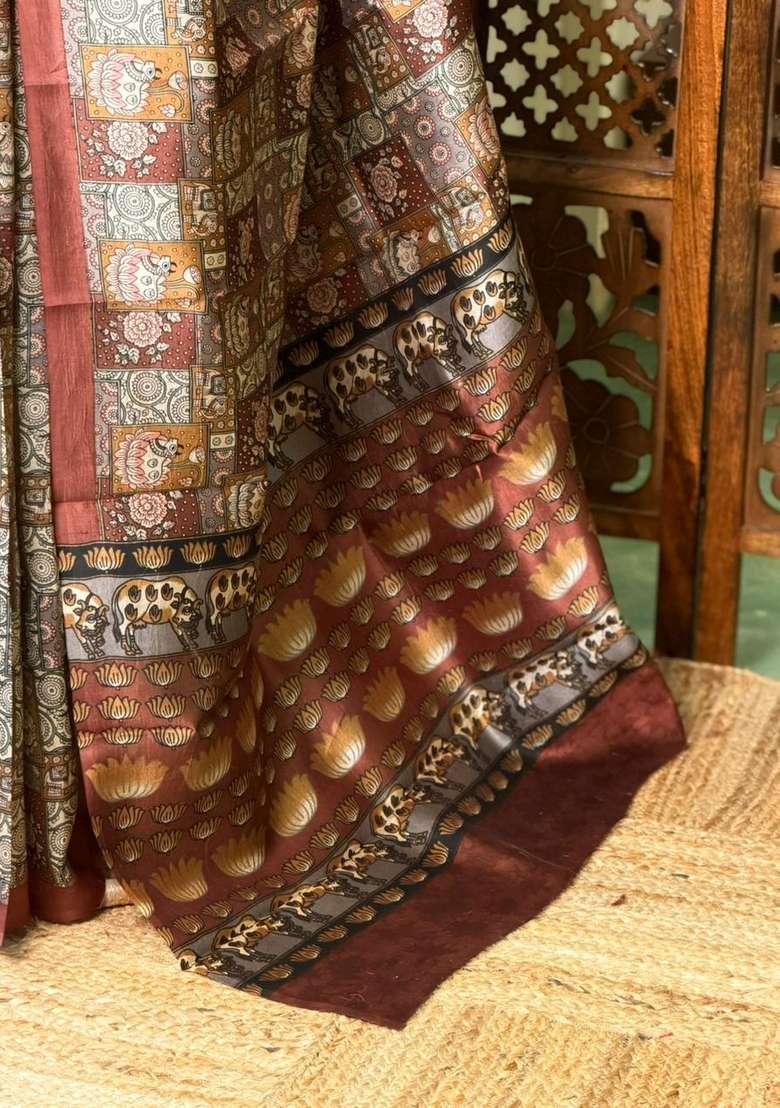 Dark Brown Pure Silk Saree With Traditional Woven Design For Women - Indya