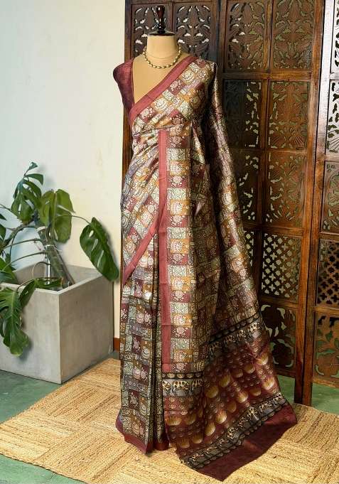 Dark Brown Pure Silk Saree With Traditional Woven Design For Women