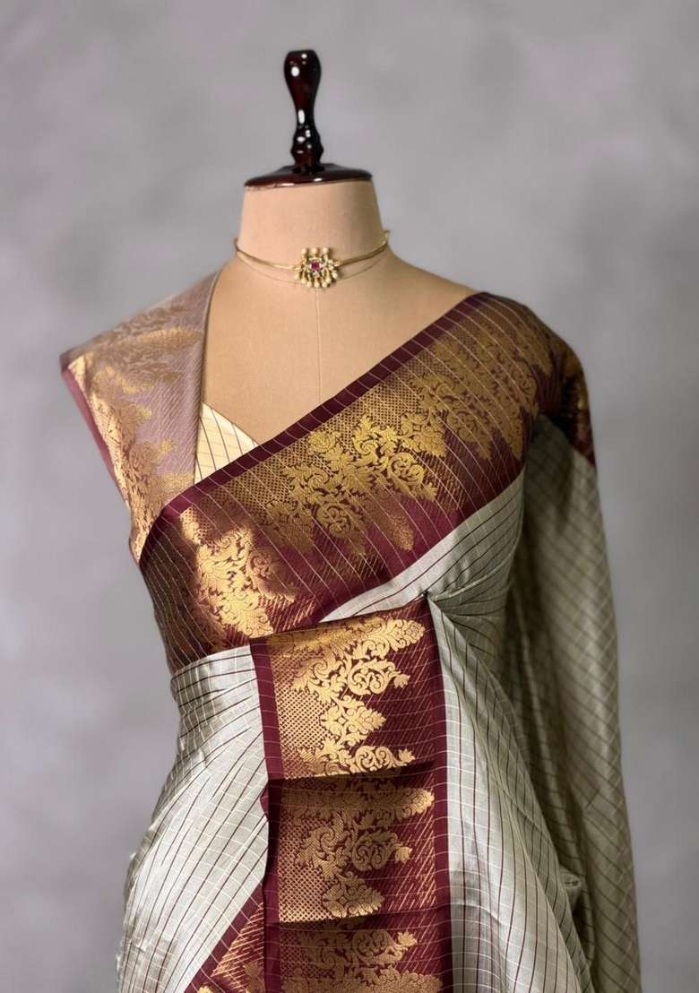 Beige And Maroon Banarasi Silk Saree With Traditional Woven Design For Women - Indya