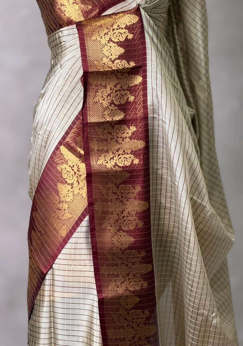 Beige And Maroon Banarasi Silk Saree With Traditional Woven Design For Women - Indya