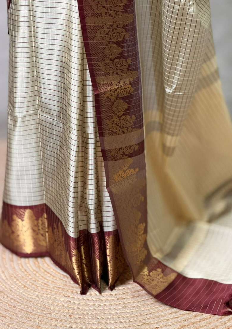 Beige And Maroon Banarasi Silk Saree With Traditional Woven Design For Women - Indya