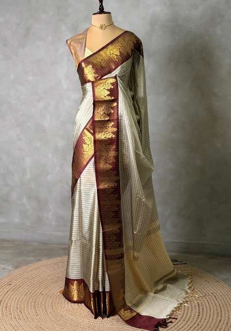 Beige And Maroon Banarasi Silk Saree With Traditional Woven Design For Women