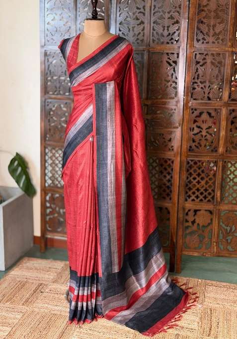 Brick Red Tusser Silk Tussar Saree With Traditional Woven Design For Women