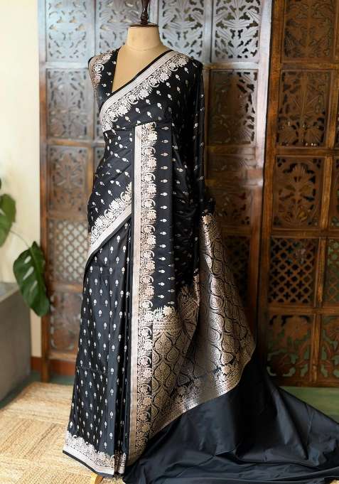 Black Zatin Banarasi Silk Saree With Traditional Woven Design For Women