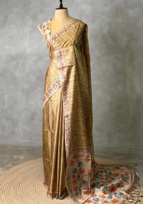 Olive Green Semi Tusser Tussar Saree With Traditional Woven Design For Women