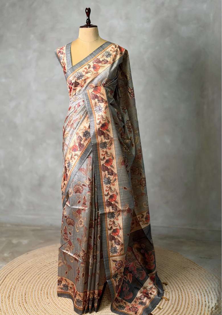 Grey Semi Tusser Tussar Saree With Traditional Woven Design For Women - Indya