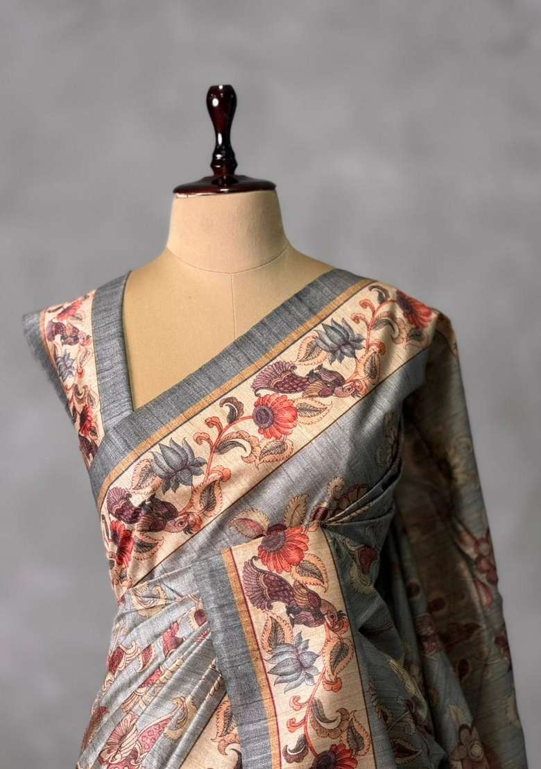 Grey Semi Tusser Tussar Saree With Traditional Woven Design For Women - Indya