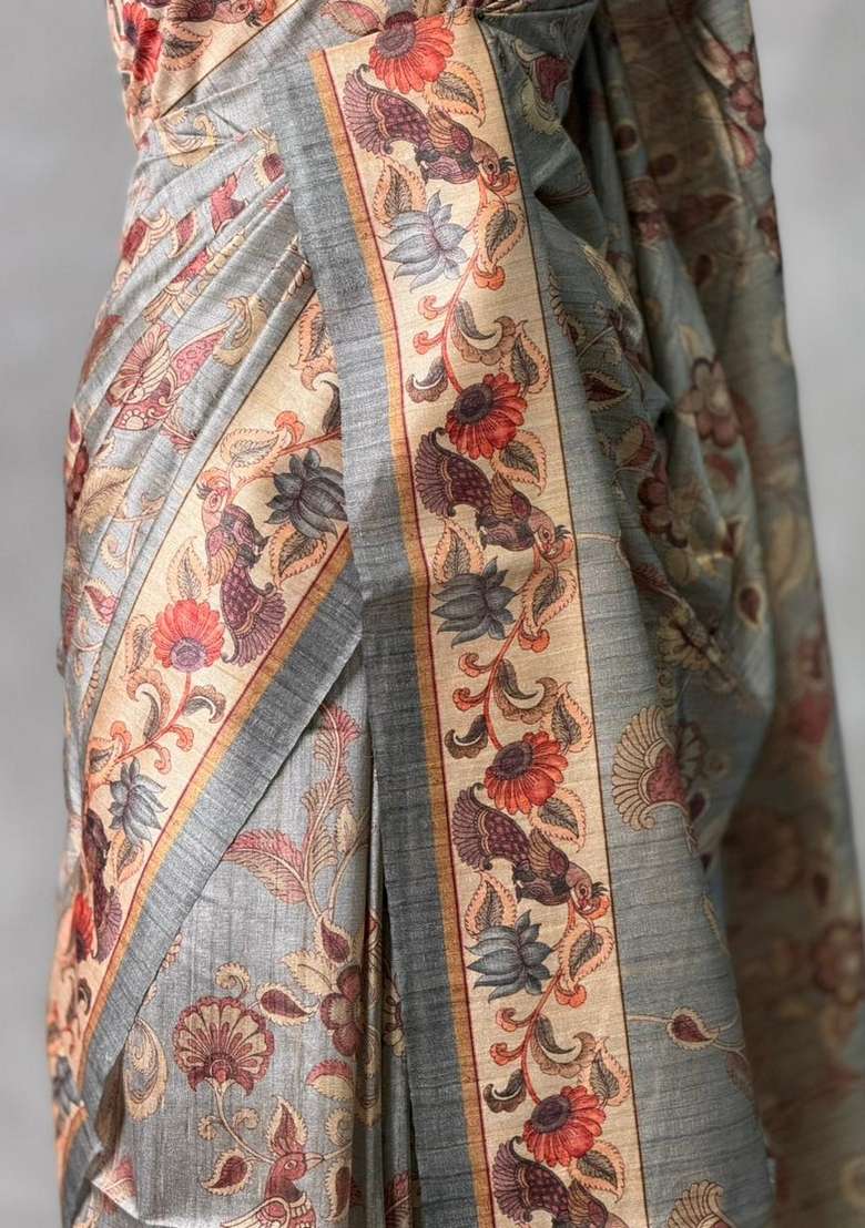 Grey Semi Tusser Tussar Saree With Traditional Woven Design For Women - Indya