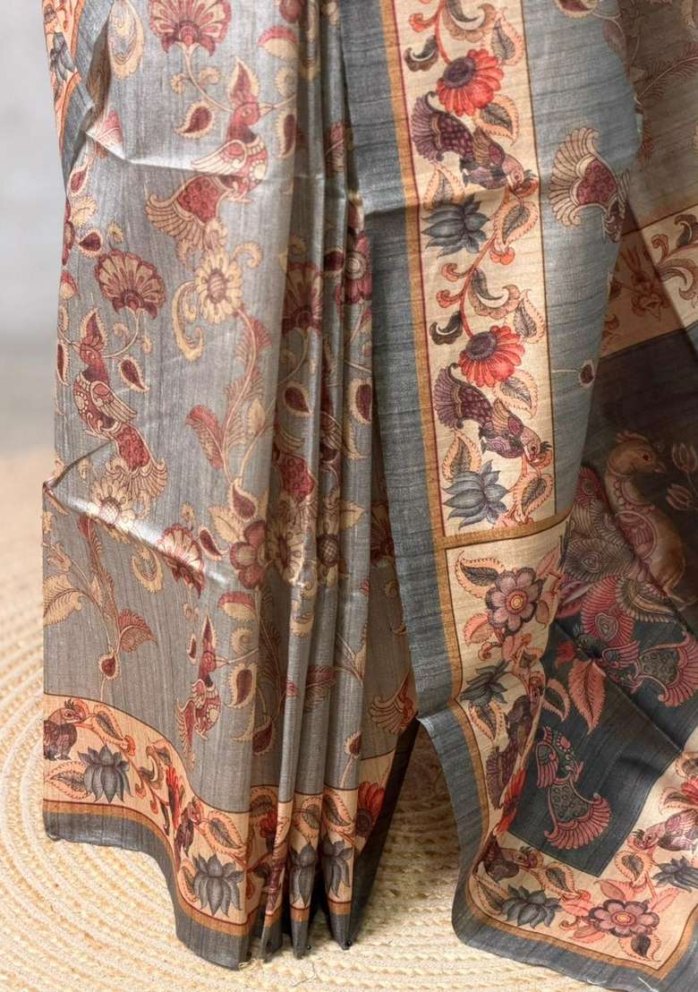 Grey Semi Tusser Tussar Saree With Traditional Woven Design For Women - Indya