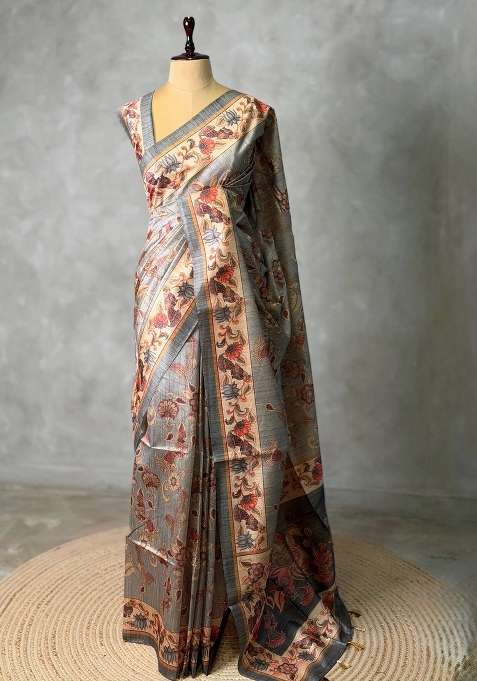Grey Semi Tusser Tussar Saree With Traditional Woven Design For Women