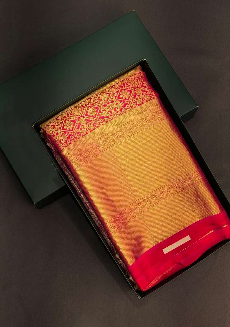 Pink And Red Pure Tissue Kanchipuram Silk Saree With Traditional Woven Design For Women - Indya