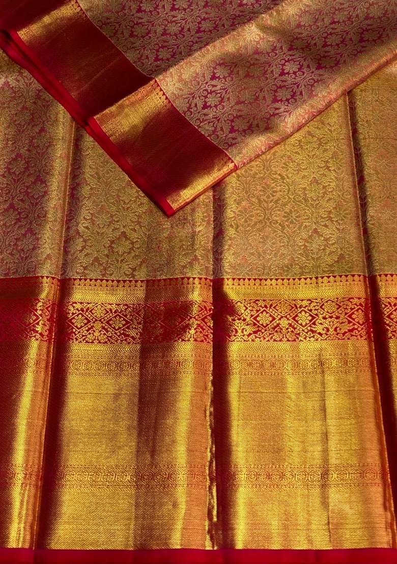 Pink And Red Pure Tissue Kanchipuram Silk Saree With Traditional Woven Design For Women - Indya