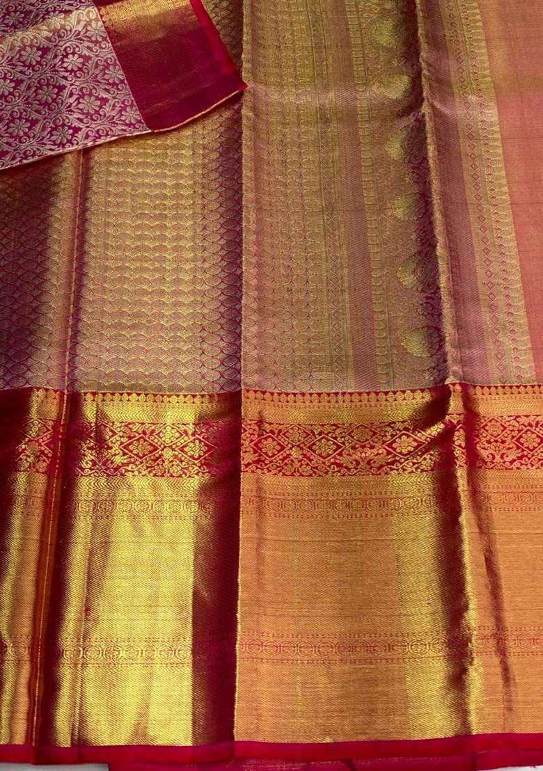 Pink And Red Pure Tissue Kanchipuram Silk Saree With Traditional Woven Design For Women - Indya