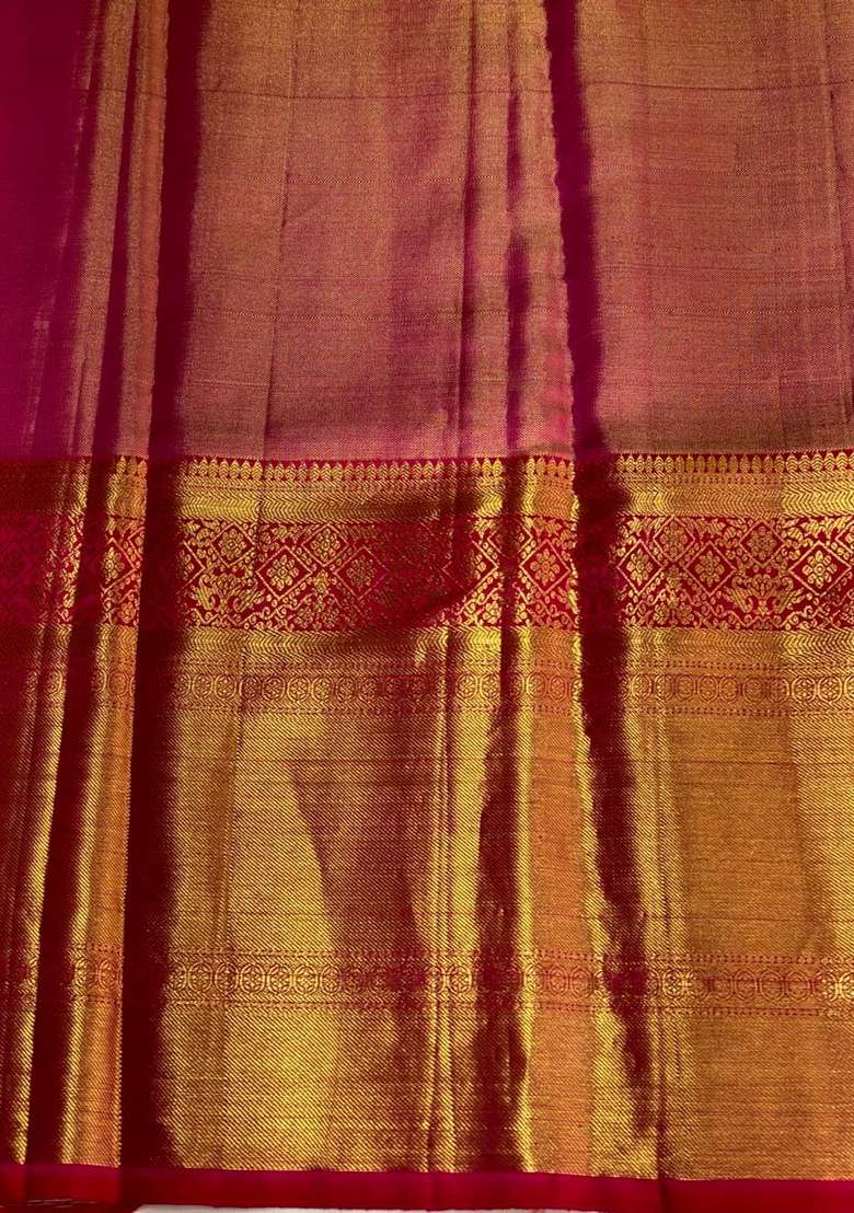 Pink And Red Pure Tissue Kanchipuram Silk Saree With Traditional Woven Design For Women - Indya