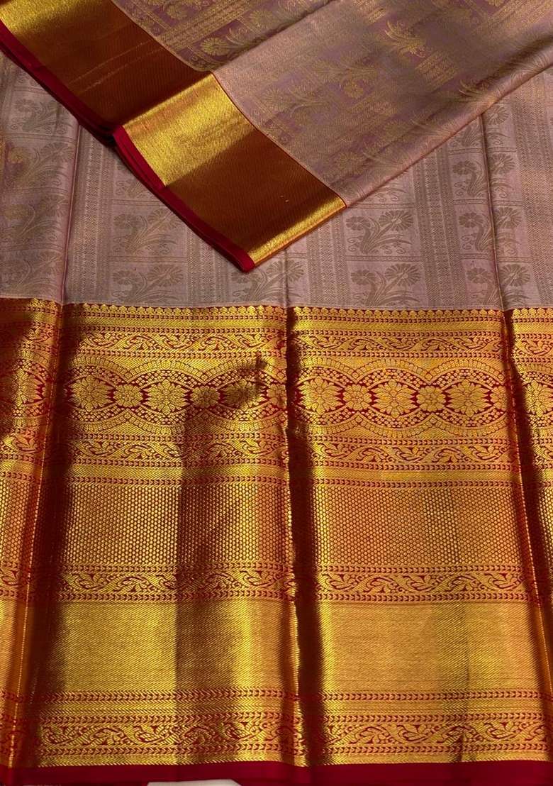 Lavender And Red Pure Tissue Kanchipuram Silk Saree With Traditional Woven Design For Women - Indya